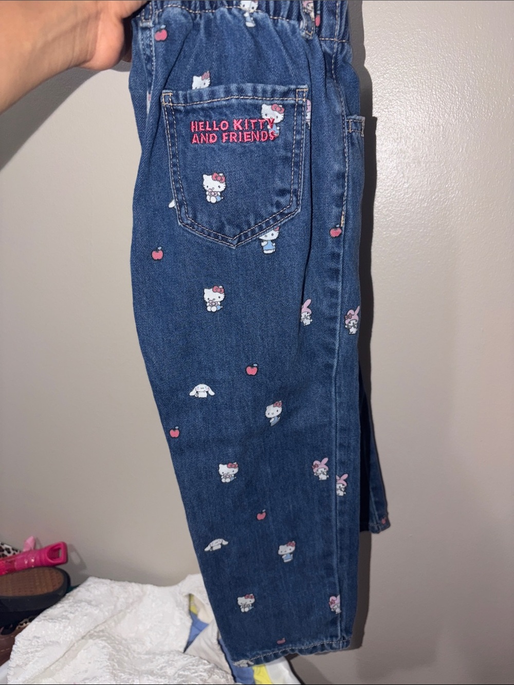 Hello Kitty Dark Blue Denim High-Rise Jeans with Pink Accents